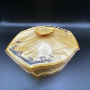 Vtg 1920s Art Deco Amber Vanity/Dresser Powder Jar Celluloid Top and Bottom